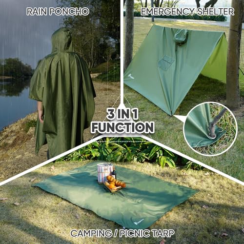 PTEROMY 3-in-1 Hooded Rain Poncho for Adult with Pocket, Waterproof Lightweight Unisex Raincoat for Hiking Camping Emergency - color: Green