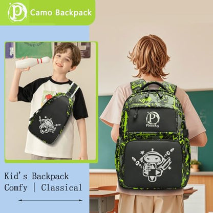 Boys Backpack, Cool Luminous School Backpack with USB Charging Port for Teen Boys, Kindergarten Elementary College Middle School Bookbag Lightweight Laptop Bag with Sling Bag Set, Green - style: Gamer-green02