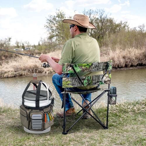 Fishing Bucket Organizer with Bucket Cover Fishing Tackle Bag with Rod & Plier Holder, Multi-Pockets for 5 Gallon Bucket Fishing Gear & Accessories Father Gifts - color: Khaki