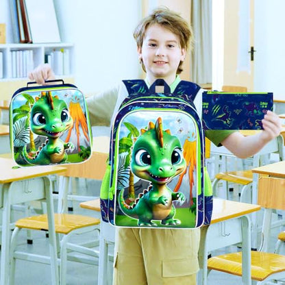 3Pcs Dinosaur Backpack for Boys, 16" Bookbag with Lunch Box, Kids School Backpacks Set for Elementary Preschool Kindergarten (Green) - color: Dinosaur Green