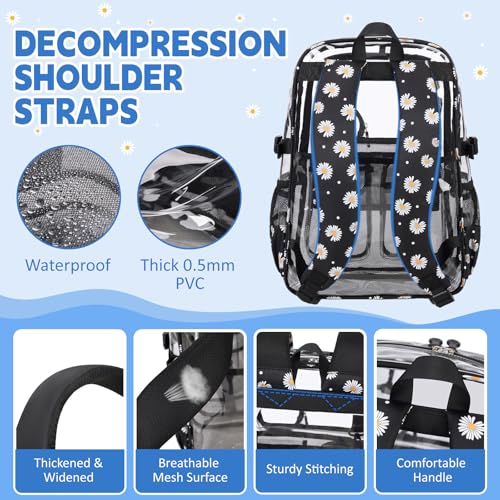 Clear Backpacks for Stadium Events Heavy Duty Clear Bookbag for School Girls Transparent Back Pack, Black - color: Black Daisy