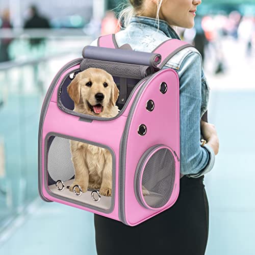Expandable Cat Backpack Carrier, Portable Cat Backpack Up to 18 lbs | Airline Approved Pet Travel Carrier, Super Ventilated Design, Ideal for Traveling/Hiking /Camping, Pink - color: Pink-Standard
