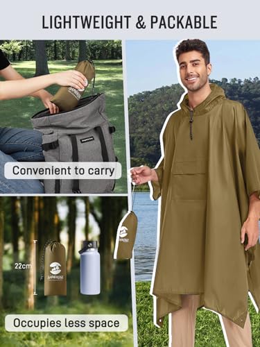 SaphiRose Extra Thick Hooded Rain Poncho Double Layer Waterproof Raincoat Jacket for Men Women Adults - color: Brown