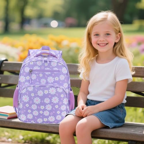 RHCPFOVR Kids Backpack for Girls - Girls Backpack 3-8 Ages Flower for Kids 15 Inch School Bookbag for Kindergarten Elementary School Bookbag for Girl 1st 2nd Grade - style: Purple Flower