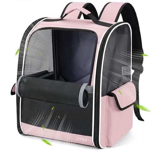 Lekereise Cat Backpack Carriers, Dog Carrier Backpacks with Breathable Mesh for Small Medium Cats Dogs Puppy Up to 18 Lbs, Pet Foldable Carrying Backpack Ventilated for Travel Hiking Collapsible - color: Pink, size: 12.99"L x 10.63"W x 15.75"H