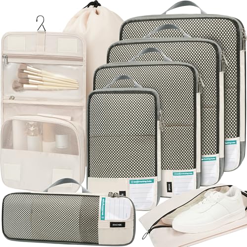 BAGAIL 4 Set/6 Set/8 Set Compression Packing Cubes Travel Accessories Expandable Packing Organizers (Half Mesh, 8-Beige) - color: 8-Beige, style: Half Mesh
