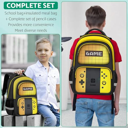 Kids Backpack For Boys，Gamer Boys Backpack For Children Teens Elementary Middle School, 17″ Students Bookbag - color: Backpack-sw-orange & Yellow