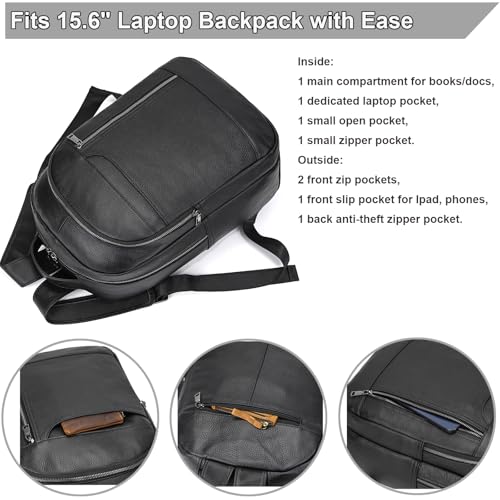 Large Capacity Black Leather Backpack for Men, 15.6 Inch Genuine Leather Laptop Backpack Business Travel Shoulder Daypacks - color: Y80&16y Black
