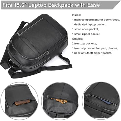 Large Capacity Black Leather Backpack for Men, 15.6 Inch Genuine Leather Laptop Backpack Business Travel Shoulder Daypacks - color: Y80&16y Black