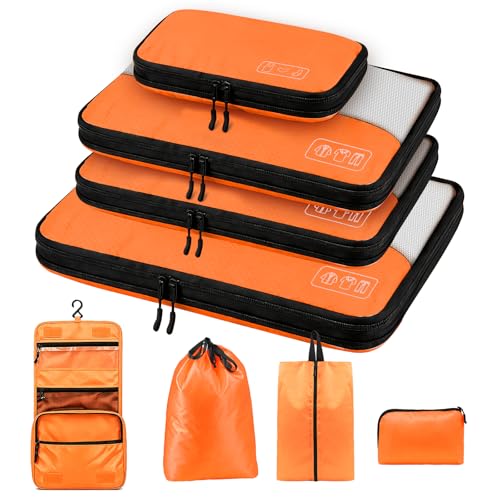8-Piece Compression Packing Cubes for Travel, Bright & Lightweight Luggage Organizer System for Outdoor Travel & Adventure, Space Save for Backpack, Duffel Bag & Suitcase- Orange - color: Orange-8 Set