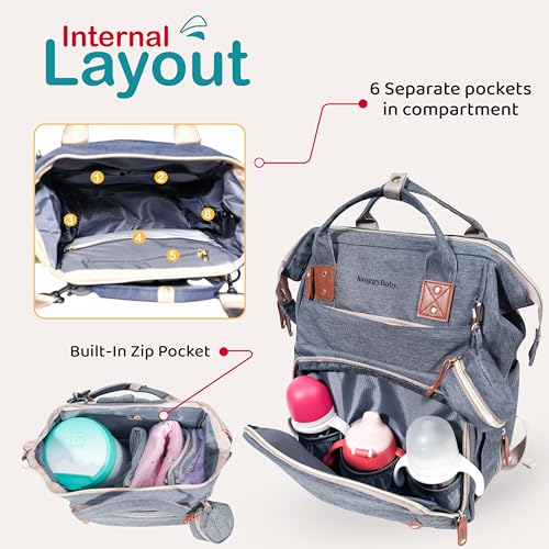 SNUGGY BABY Diaper Bag with Changing Station, Diaper Backpack with Changing Pad, Portable Diaper Organizer, Insulated Bottle Holders, Large Capacity, Water-resistant Travel Bag (Gray) - color: Gray