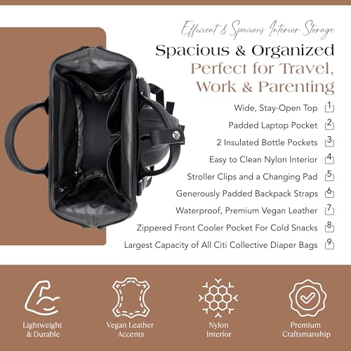 Citi Collective Explorer Black Diaper Bag Backpack - Vegan Leather Diaper Bag with Shoulder Strap, Insulated Bottle Pockets, Changing Pad, Stroller Clip- Versatile Diaper Bag for Baby - color: Black