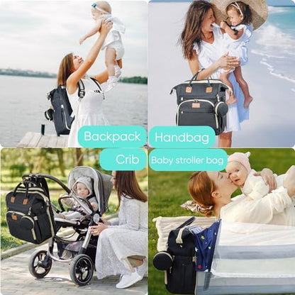 ZRSUN Diaper Bag Backpack, Multifunctional Baby Travel Bag with Foldable Changing Station, Portable Changing Pad, USB Charging Port, Black - color: Black