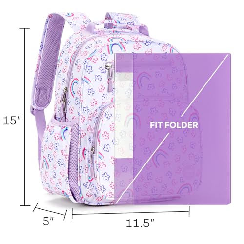 mibasies Kids Backpack for Girls 5-8: Water-Resistant School Bookbag for Kindergarten and Elementary - Rainbow Purple - color: Rainbow Purple, style: Kids-15"h