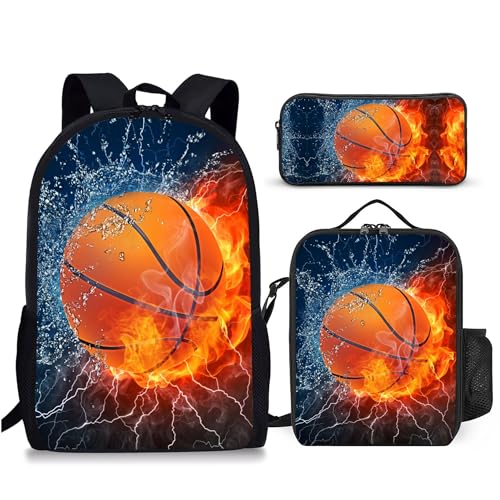 3PCS Basketball Backpack for Boys Girls Teens, School Backpack with Lunch Box Pencil Case for Elementary Middle High Students, 17 Inch Lightweight Bookpack 3 in 1 Set Back to Shool Supplies for Kids - color: Water Fire Basketball S01