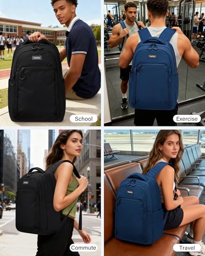 HanTrip Travel Laptop Backpack for Women Men, 18 Inch Large Work Backpack for Commuter College School Book Bags, Water Resistant Backpack with Luggage Strap Water Bottle Pocket Chest Strap, Black - color: Black