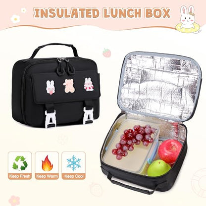 DIGOBAY 3PCS Girls Backpack for School, Kids Backpack for Girls with Lunch Box Pencil Case Set for Teen Girl Elementary Primary Middle High College School Bookbag with Cute Pins (Black) - color: Black