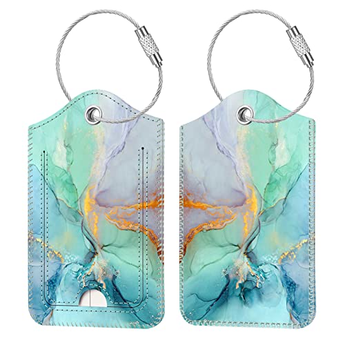 Fintie Luggage Tags, Privacy Cover ID Label with Stainless Steel Loop and Address Card for Travel Bag Suitcase, Emerald Marble (2 Piece) - color: Emerald Marble