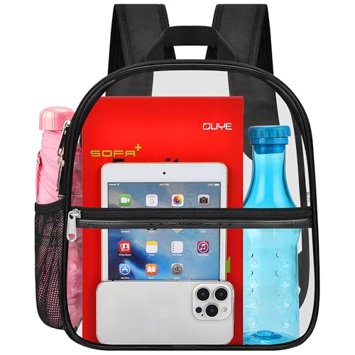 Oraben Clear Backpack Stadium Approved, Clear Bag 12 x 6 x 11 in, Small Transparent Backpack for Concerts, Sports Events, Festivals, Waterproof, Adjustable Straps, Women Men - color: Black, style: Enhanced Strap