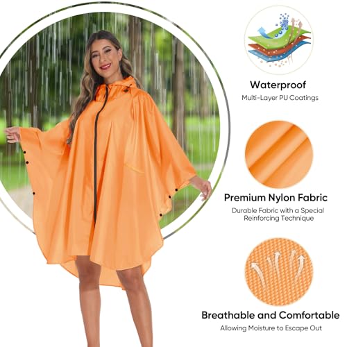 PTEROMY Hooded Rain Poncho for Adult with Pocket and Zipper, Waterproof Lightweight Raincoat for Men and Women - color: Orange