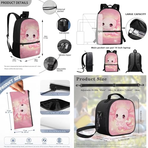 Axolotl Backpack School Bag for Kids Boys Girls 3PCS School Backpacks Bookbag with Insulated Lunch Bag with Pencil Case for Elementary School - color: Axolotl