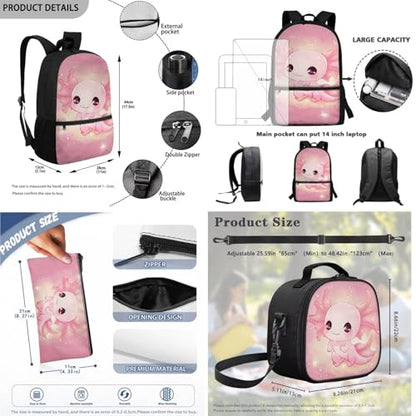 Axolotl Backpack School Bag for Kids Boys Girls 3PCS School Backpacks Bookbag with Insulated Lunch Bag with Pencil Case for Elementary School - color: Axolotl