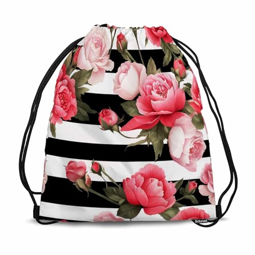 Wild Flower Pink Peony Roses Black White Stripes Vintage Style Green Leaf Drawstring Backpack Gym Backpack Draw String Shoe Swim Back Bag for Women Men 14x16.9 Inch - color: Pink Peony