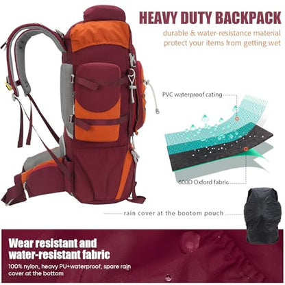 Bseash 70L (65+5) Waterproof Hiking Camping Backpack with Rain Cover, Outdoor Sport Travel Daypack for Climbing Touring (Red) - color: Red