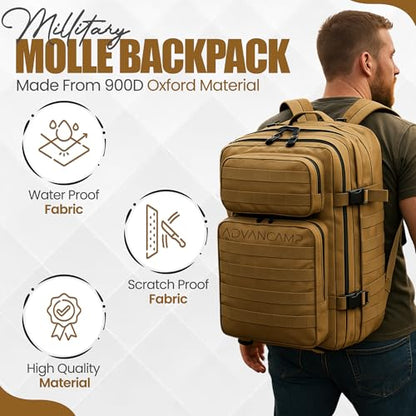 45L Military Tactical Backpack Large Day Pack for Men – MOLLE Rucking Assault Rucksack, Heavy-Duty Water-Resistant Bag for Hiking, Gym, Travel & Outdoor Adventures – Khaki - color: Khaki