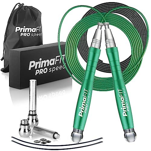 PrimaFIT Jump Rope Pro Speed Skipping Rope Adjustable Adult Jumping Rope Weighted Aluminium Handles for Double Dutch Boxing Workout Crossfit Exercise Fitness Spare Cable Weights Protectors Carry Bag - color: Green