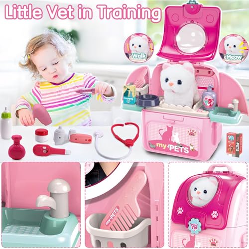 Pet Cat Carrier Backpack Toy, MAGIC4U 23PCS Pet Care Play Set,Vet Clinic and Doctor Kit for Kids, Veterinarian Pretend Play Set for Girls Ages 3-6 Pink - style: Pink
