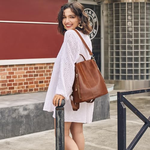 S-ZONE Leather Backpack Purses for Women Antitheft Rucksack Shoulder Bag Medium - color: 4-cognac