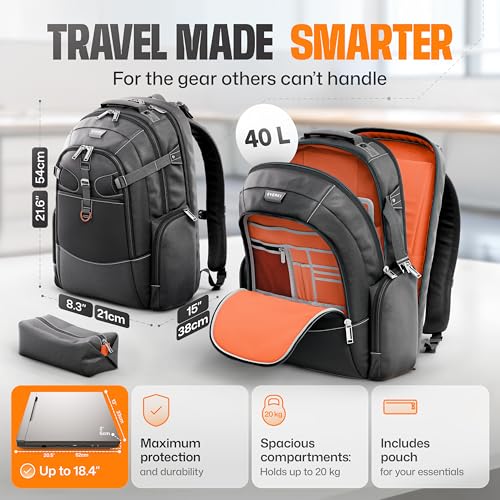 EVERKI Business 120 Laptop Backpack 40L with Rain Cover - Large Compartment Fits Up To 18.4", Travel Friendly Lightweight Business & Office Bag, 180° Fold-Out Design, Multiple Padded Pockets, Black - style: Business 120