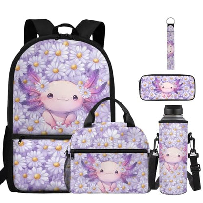 ZDCUSTOM 5PCS Daisy Axolotl Backpacks with Lunch Box Set for Girls - color: Daisy Axolotl