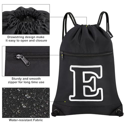HOLYLUCK Drawstring Bags Initial Backpack Sackpack Cinch Bags for Sports, Gym, Travel, Beach (Black-E) - color: Black-e