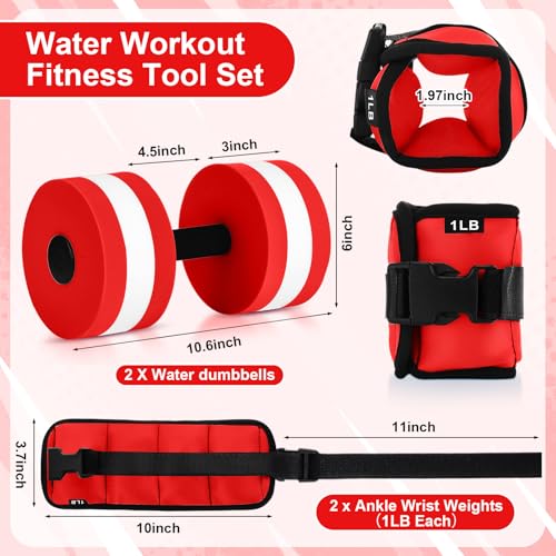 Hollowfly Water Aerobics Set, 4 Piece Pool Exercise Kit (2 Aquatic Dumbbells + 2 Ankle/wrist Weights), EVA Foam, Low-impact Workout - color: Red, size: 1lb