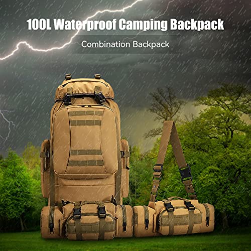 100L Camping Hiking Backpack,Molle military Tactical rucksack backpack,Waterproof Lightweight Hiking Backpack - color: Khaki