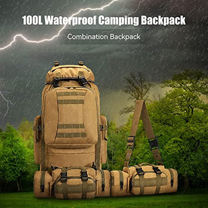 100L Camping Hiking Backpack,Molle military Tactical rucksack backpack,Waterproof Lightweight Hiking Backpack - color: Khaki