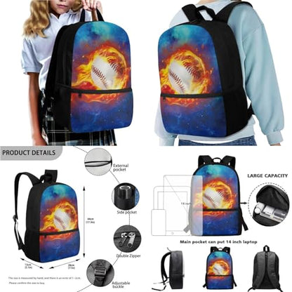 Baseball Flame Starlight Backpacks Schoolbag for Children Reusable Hiking Rucksack Casual Daypack Pencil Bag Lunch Box Bottle Pouch for Daily Use, Set of 4 - color: Baseball Flame Starlight