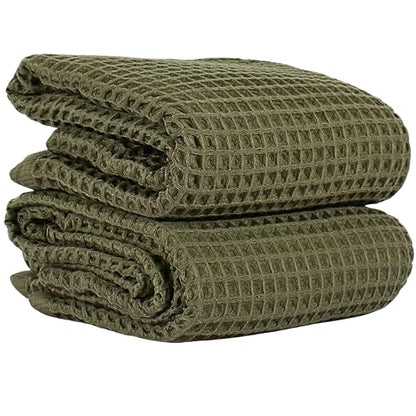 PÜSKÜL Natural 100% Turkish Cotton Waffle Bath Towels Set of 2-Piece | 32x63 inch Extra Large Absorbent Quick-Dry Lightweight Spa Towel | Honeycomb Weave Towel (Khaki Green Bath Towels - Pack of 2) - color: Khaki Green