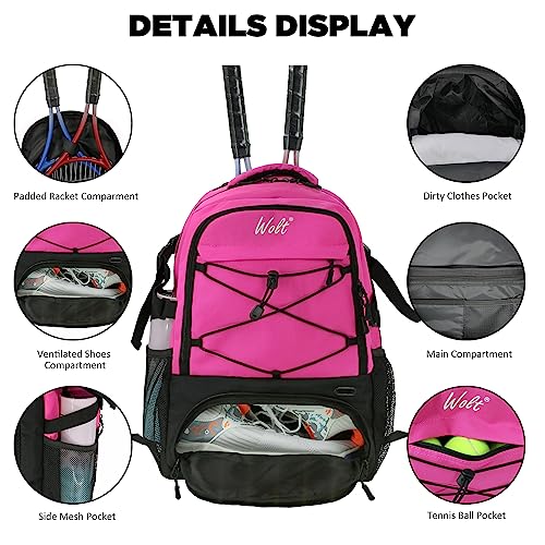 WOLT Tennis Bag - Large Tennis Racket Backpack for Men & Women - Ventilated Shoe Compartment - Holds 2 Rackets - color: Pink