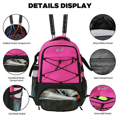 WOLT Tennis Bag - Large Tennis Racket Backpack for Men & Women - Ventilated Shoe Compartment - Holds 2 Rackets - color: Pink