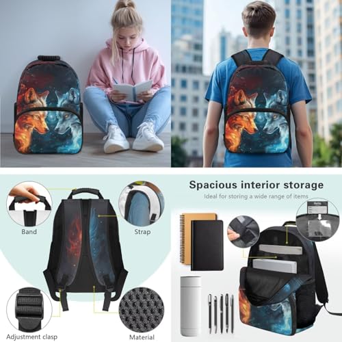 JEOCODY Cool Wolf Kids School Bag for Girls Backpack with Lunch Box Pencil Case Organizer Water Bottle Holder Set of 4 Boys School Supplies Casual Daypack for Travel Hiking - color: Cool Galaxy Wolf Printed