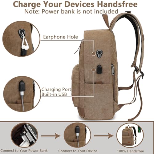 Canvas Laptop Backpack, Waterproof School Backpack With USB Charging College - color: Coffee