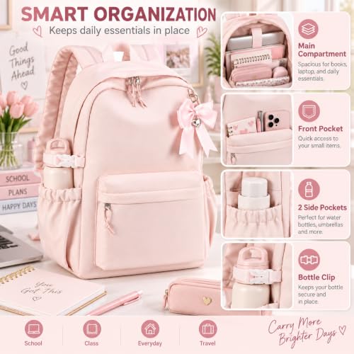 LOIDOU Girls Backpack for Kids Cute School Bookbag - color: Flesh Pink, size: L-17"