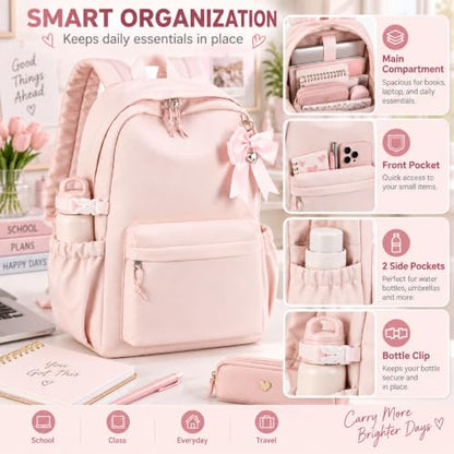 LOIDOU Girls Backpack for Kids Cute School Bookbag - color: Flesh Pink, size: L-17"