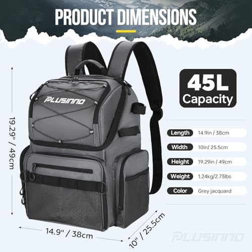 PLUSINNO Cooler Fishing Backpack with Rod Holders 45L Large Water-resistant Fishing Tackle bag Store Fishing Gear Fishing Gifts for Men Father - color: Grey Jacquard