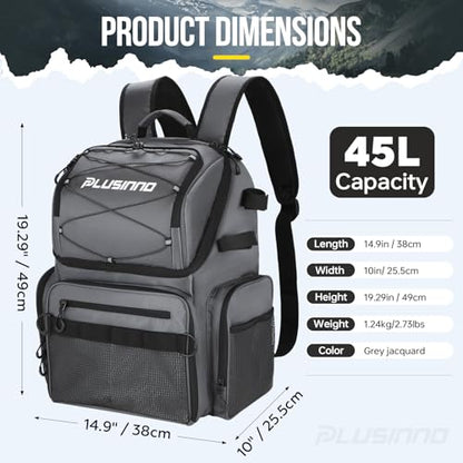 PLUSINNO Cooler Fishing Backpack with Rod Holders 45L Large Water-resistant Fishing Tackle bag Store Fishing Gear Fishing Gifts for Men Father - color: Grey Jacquard