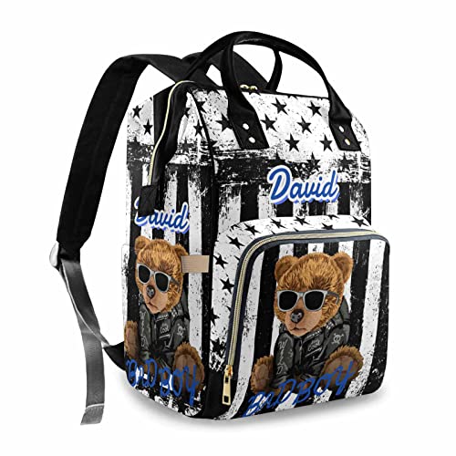 Custom Bear Diaper Bag Backpack for Baby Boy, Personalized Name American Flag Large Nappy Nursing Orangizer Mommy Bags, Waterproof Travel Daypack for Dad Mom Gifts - color: American Flag-bear-01