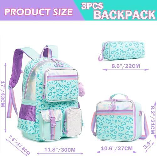 Meetbelify Aesthetic Backpack for Elementary Student with Lunch Box - Cute Bookbag for Girls 8-10 - color: 3pcs Green Love
